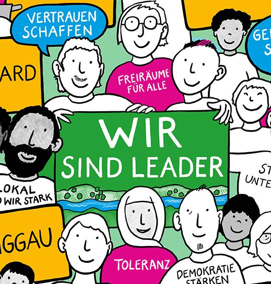Illu_LeaderRegion_kl, Plakat, Gemeinwohl, Infografik, Infographic, Regionsentwicklung, Leader, regionale Entwicklung, Daseinsvorsorge, Zukunft, Ländlicher Raum, Anja Weiss, Erklärbild, Illustration, Identifikation, Quartier, Zukunft