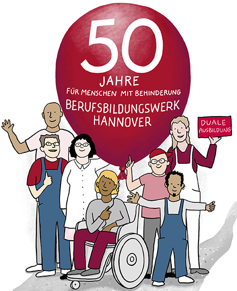 GR_50JahreBBW_Diakovere, Keyvisual, Illustration, Graphic Recording, Anja Weiss, Berufsbildung, Inklusion, zeichnen, livezeichnung, Jubiläum, Duale Ausbildung